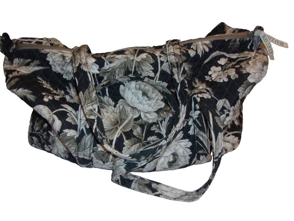Waverly Duffel Bag Black Gray Off-White Floral Pattern Hidden Bird Cotton
